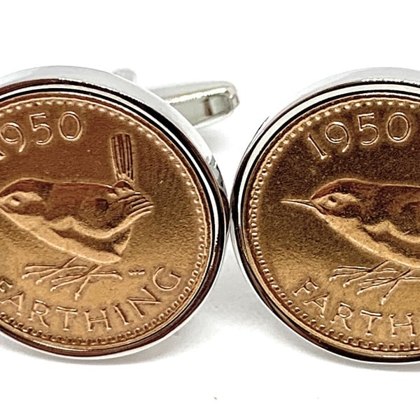 Luxury 1950 Farthing Cufflinks for a 74th birthday. British Farthings Slv