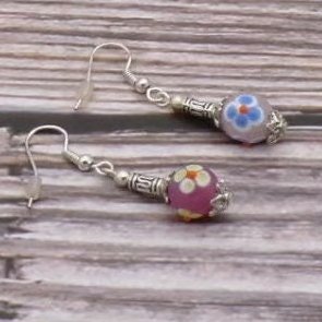 Lampwork Glass Flower Bead Earrings With Tibetan Silver Decorative Beads