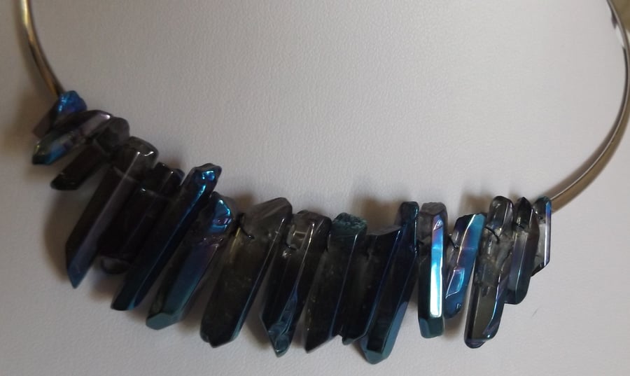 Blue quartz long nugget collar necklace