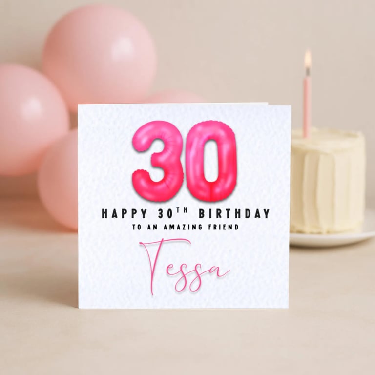 30th Birthday Card – Pink Foil Balloon Number – Milestone Birthday Card