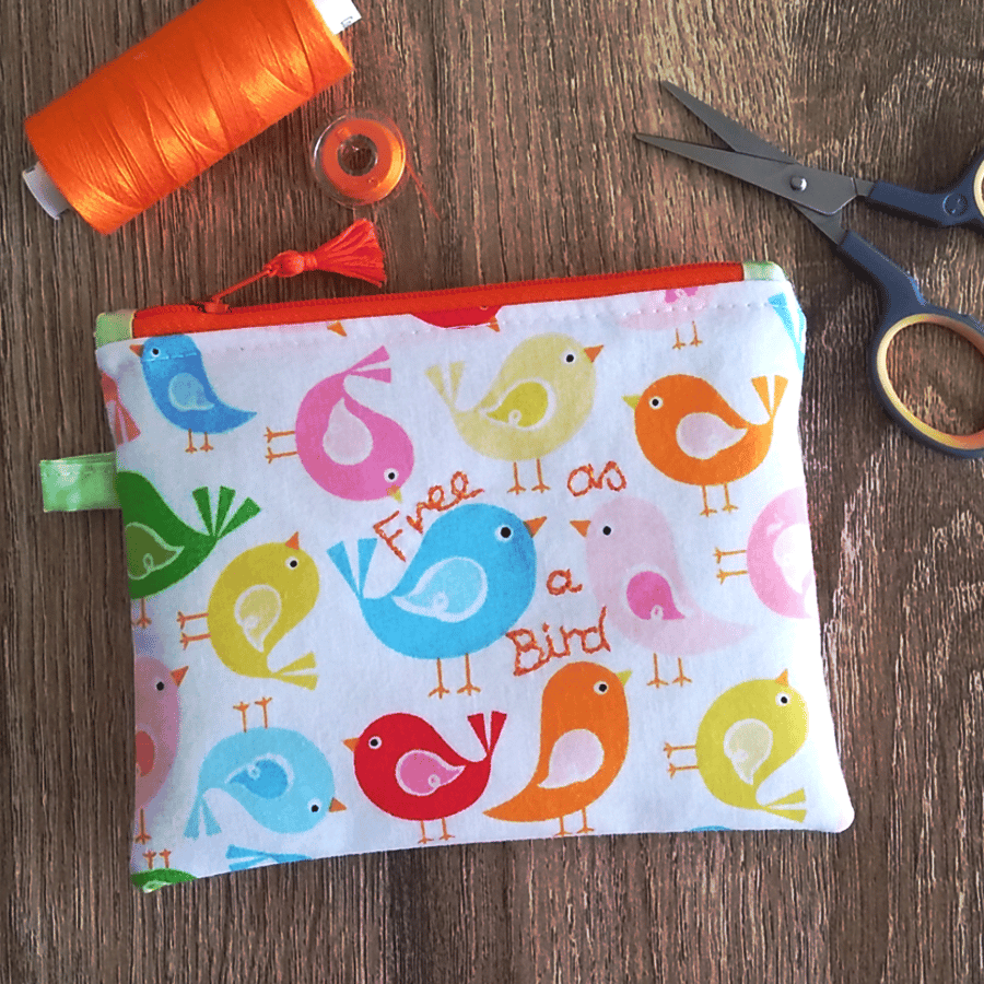 Free as a Bird, small, zipped pouch, birds, make-up bag, POSTAGE INCLUDED