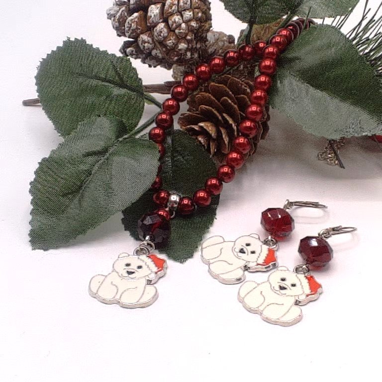 Red Pearl & Silver Chain with Polar Bear & Crystal Charm Matching Earrings