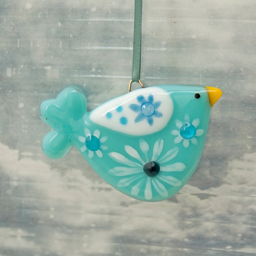 Fused Glass Little Flowery Bird Decoration