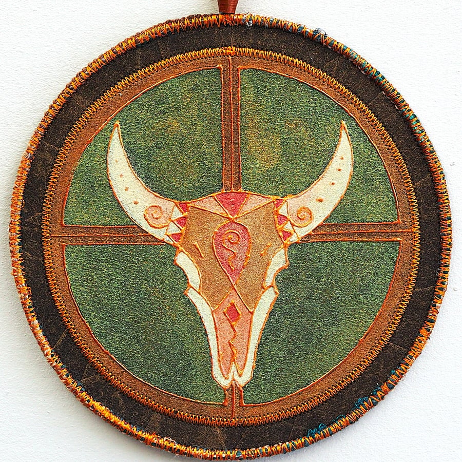 BTM005 - Buffalo Skull Totem Mandala - 15cm diameter-Green-Old Gold-Copper