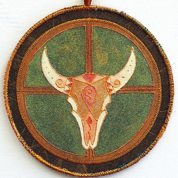 BTM005 - Buffalo Skull Totem Mandala - 15cm diameter-Green-Old Gold-Copper
