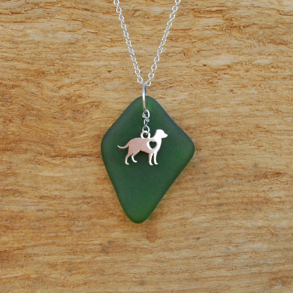 Green beach glass pendant with dog charm
