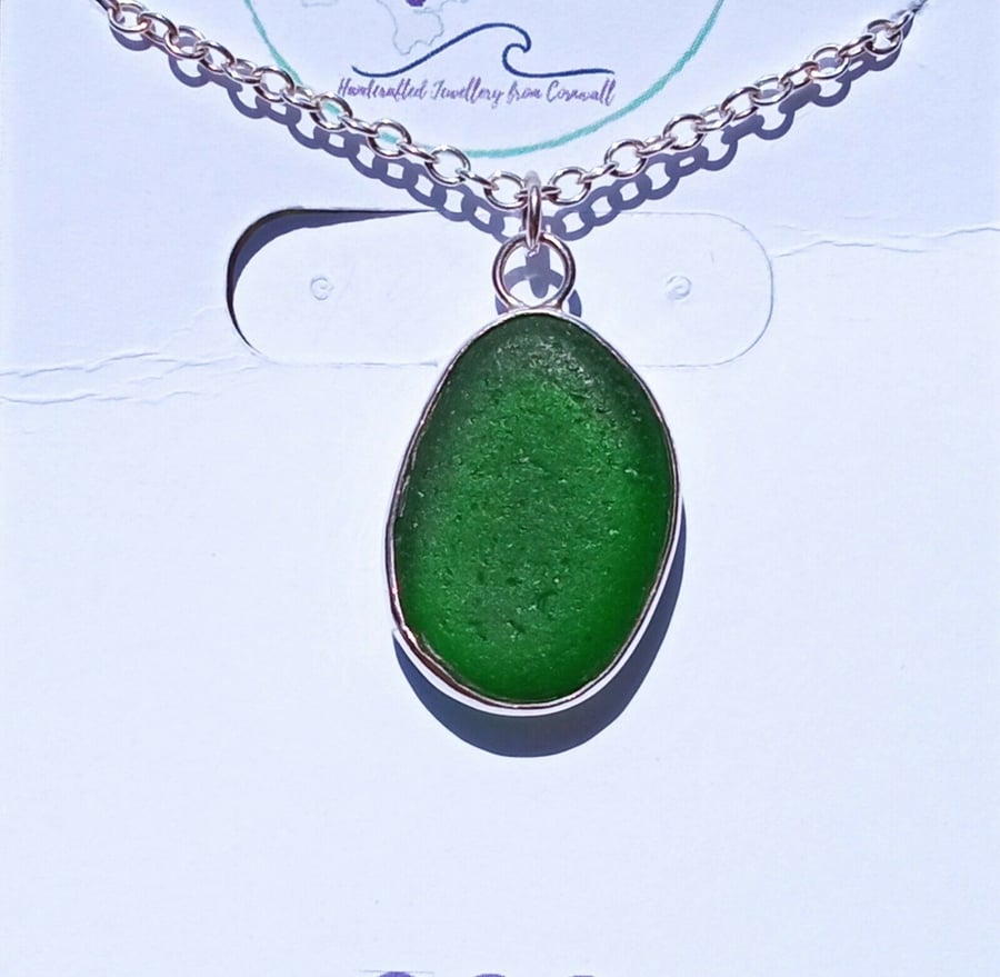Fine Silver & Recycled Sterling Silver Bright Green Cornish Seaglass Necklace
