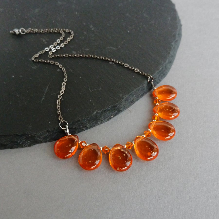 Chunky Orange Fan Necklace - Tangerine Tear Drop Statement Necklaces - Gifts