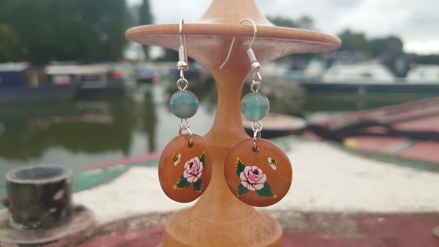 Natural Wooden Earrings with Canal Art Roses 