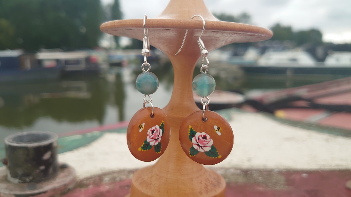 Natural Wooden Earrings with Canal Art Roses 