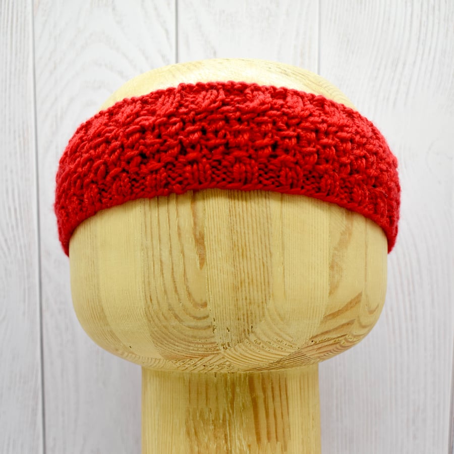 Hand Knitted headband in red wool adult L