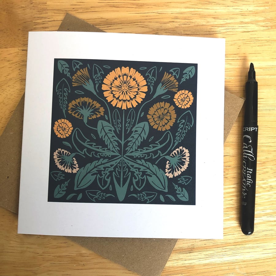 Wild flower Dandelion  linocut style greetings card