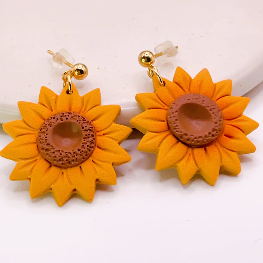Sunflower Dangle Earrings - 18k Gold Plated Ball - Handmade Summer Jewellery
