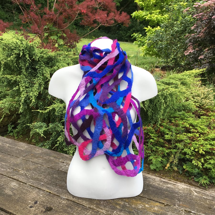 Random blue, purple and pink open weave felted scarf in merino wool