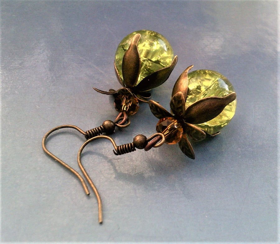 Green Glass Dangle Earrings, Antique Bronze 