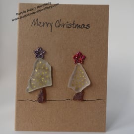 Sea Glass Snowy Christmas Trees with Gold Lights Christmas Card C258