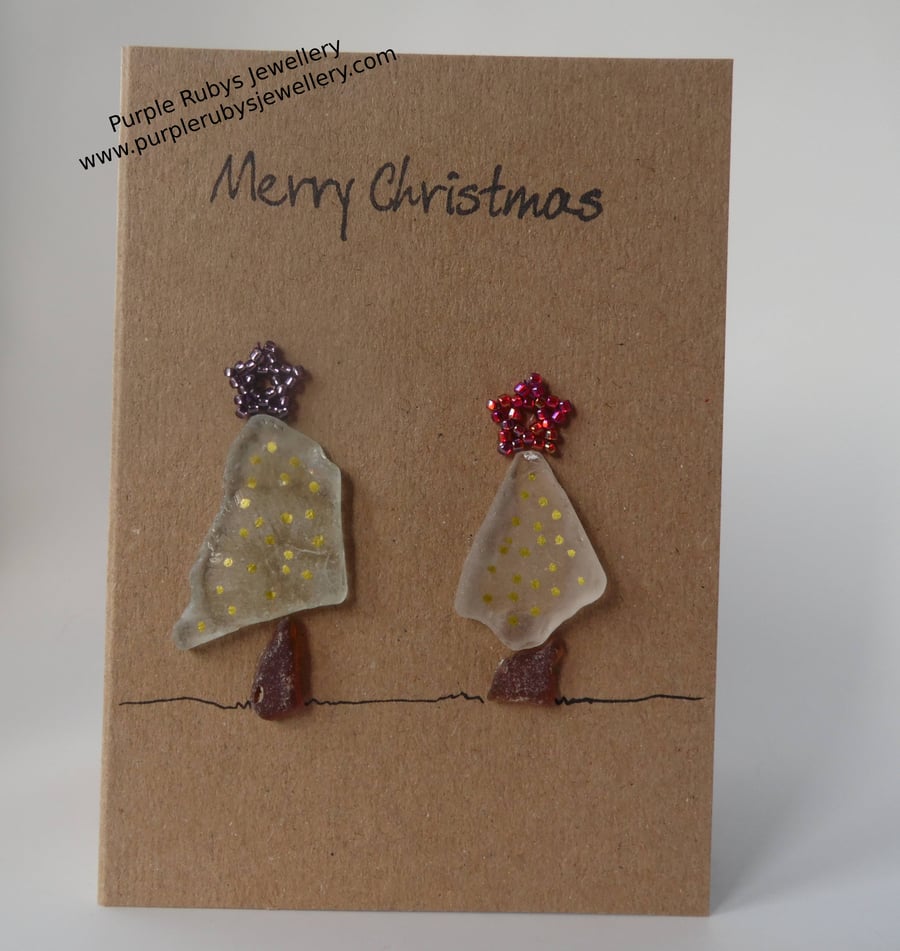 Sea Glass Snowy Christmas Trees with Gold Lights Christmas Card C258