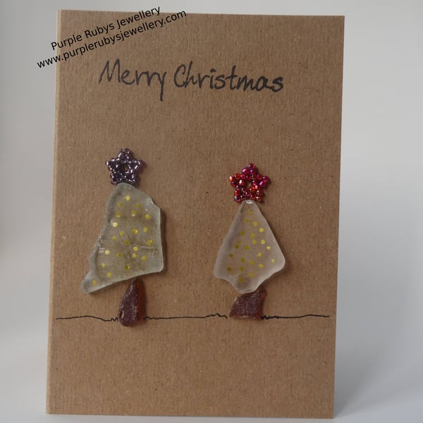 Sea Glass Snowy Christmas Trees with Gold Lights Christmas Card C258