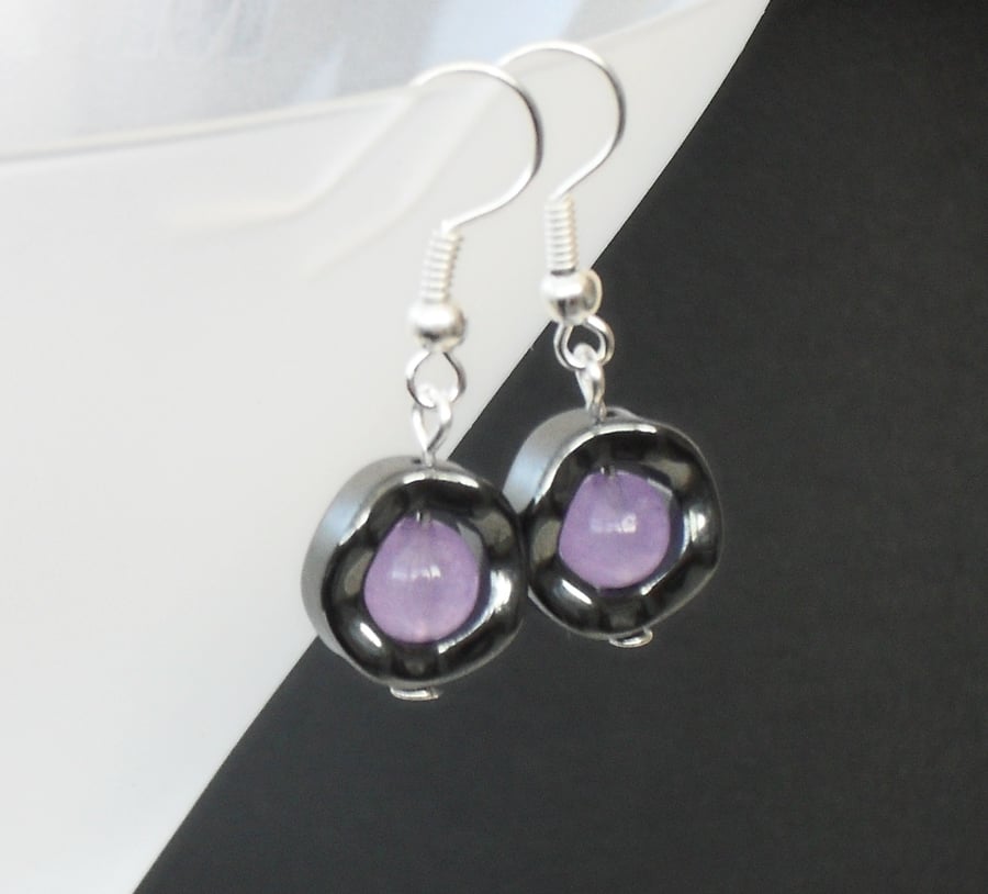 Purple alexandrite and hematite earrings