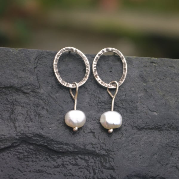 Textured Oval Silver Earrings with Freshwater Pearl Drop