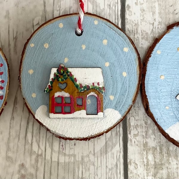 Handcrafted Wood Slice Christmas Decorations Mini Painted Wooden Houses Set of 3