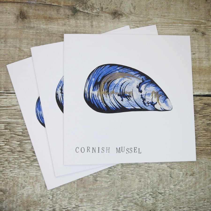 Set of 3 Cornish Mussel Cards - Risograph Print with Pen and Ink on White Card