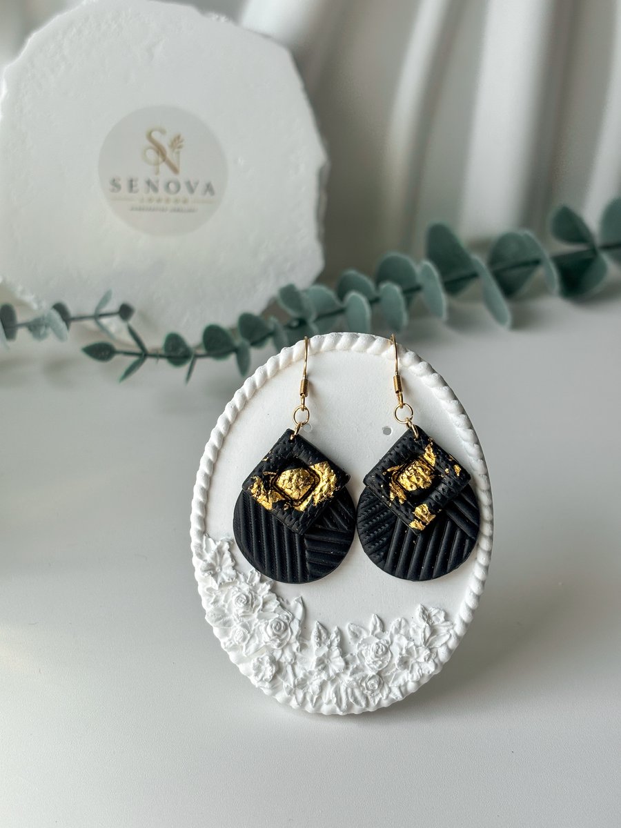 Textured Black Gold Geometric Statement Earrings, Hypoallergenic Autumn Jeweller