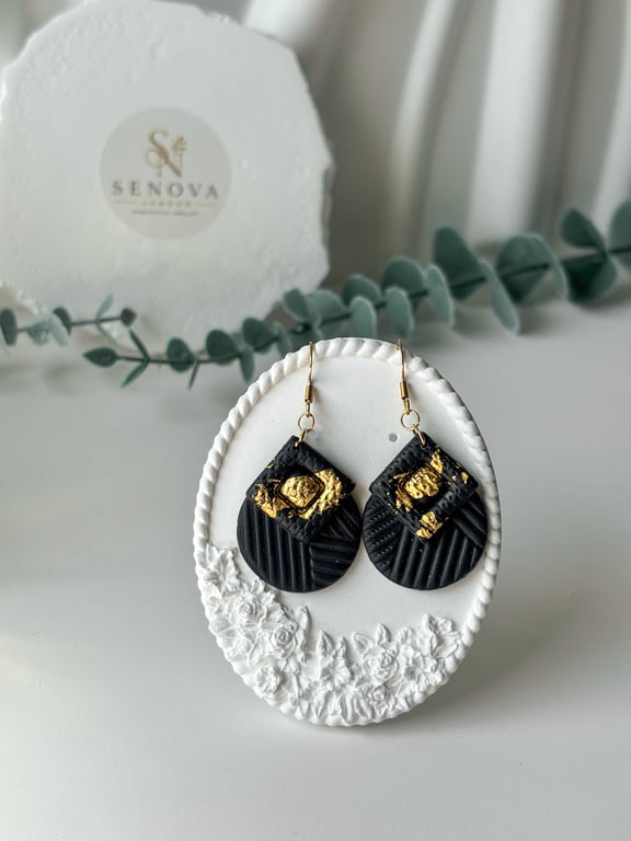 Textured Black Gold Geometric Statement Earrings, Hypoallergenic Autumn Jeweller