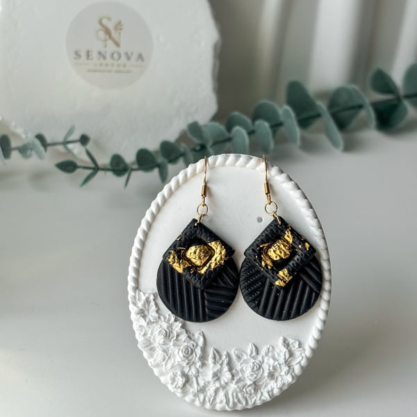 Textured Black Gold Geometric Statement Earrings, Hypoallergenic Autumn Jeweller
