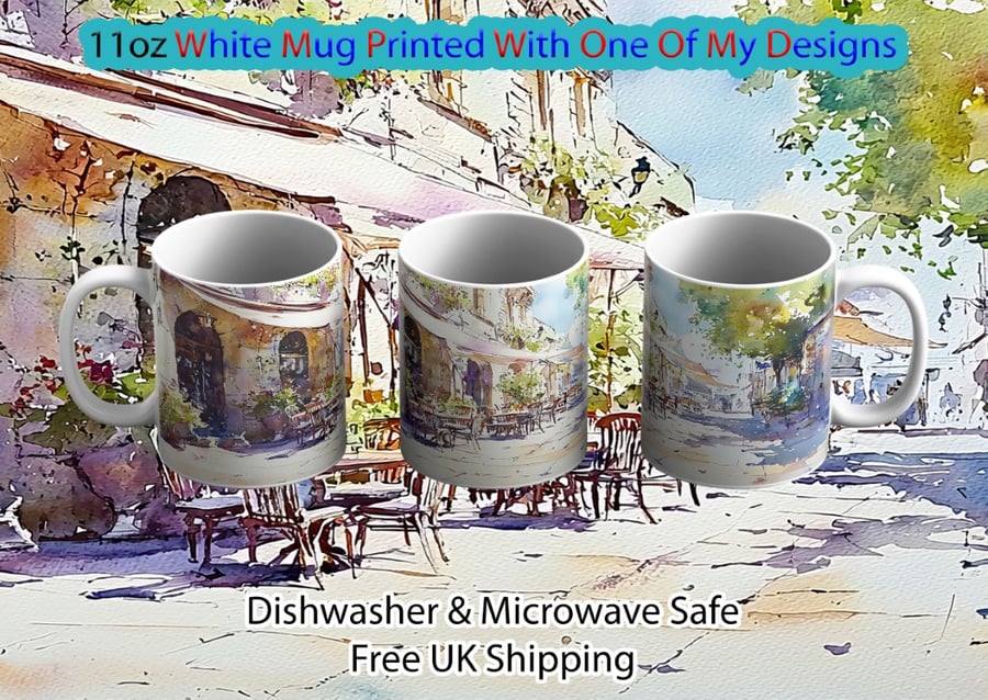 French Café Mug, Watercolor Bistro Scene 11oz Cup