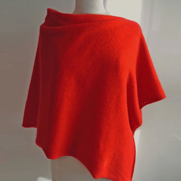 Lambswool Poncho knitted in British Spun Wool Colour Hot Chilli Red