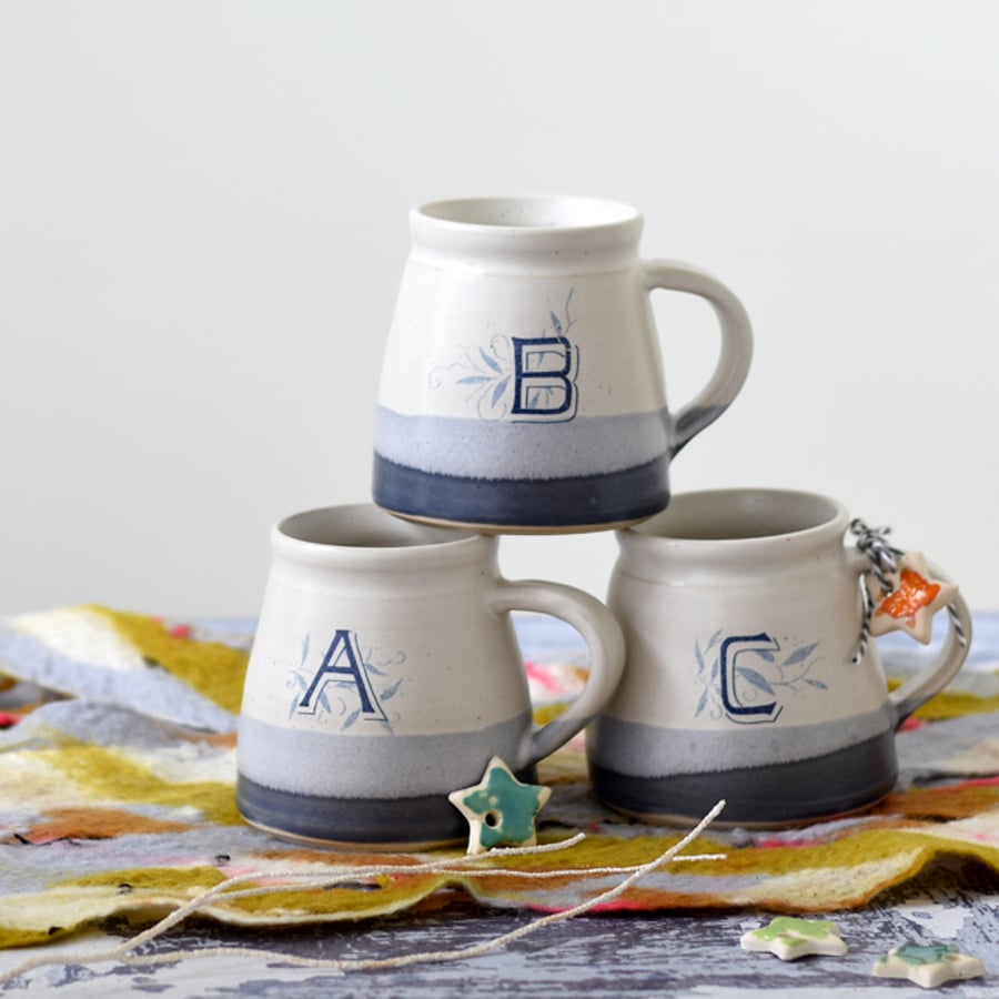 Blue and white letter alphabet monogram mug, personalised ceramics