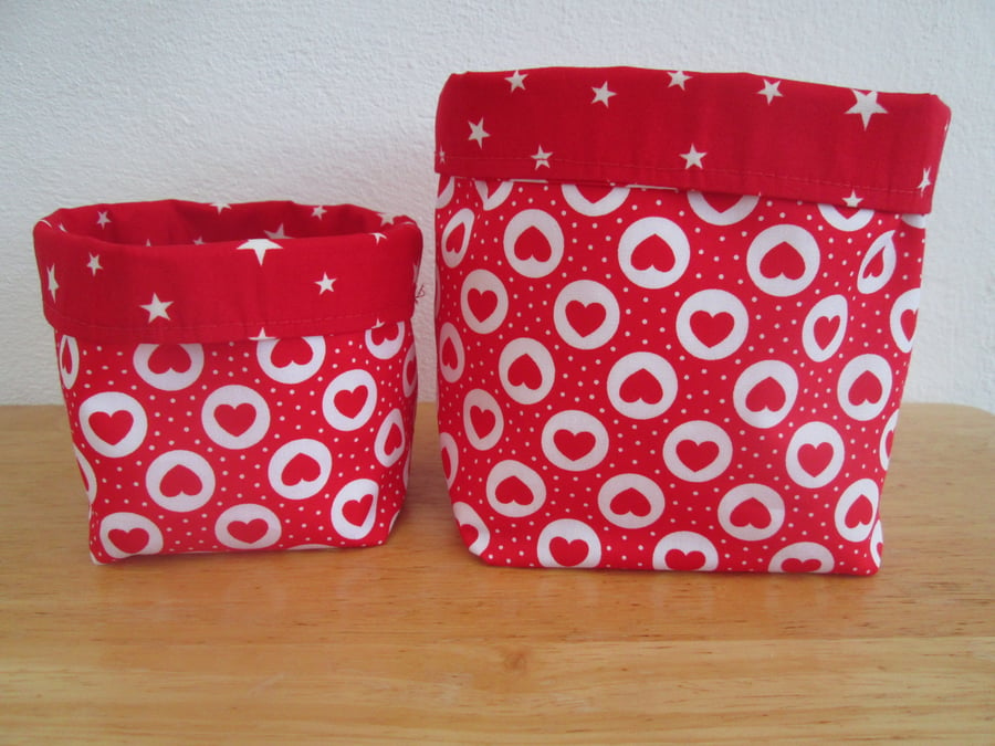 Hearts and Stars print Fabric Storage Pot Baskets, set of 2, reversible