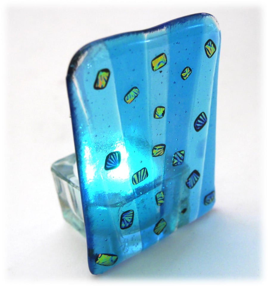Candle Holder Fused Glass Tea light  Turquoise Flare Dichroic