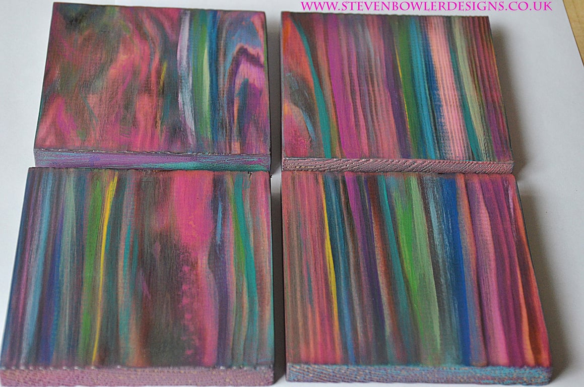 4 Wood Coffee Table Coasters Hand Painted Unique Vibrant Candy Stripe Colours