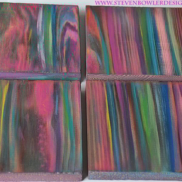 4 Wood Coffee Table Coasters Hand Painted Unique Vibrant Candy Stripe Colours
