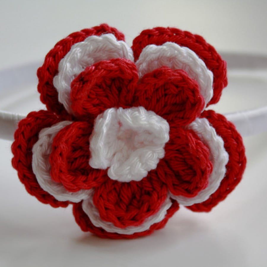 Girls hairband large RED and WHITE 3D 4 layers crochet flower