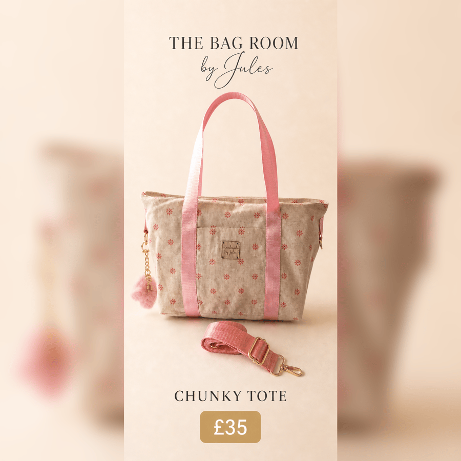 Chunky Tote Bag in Cream Canvas with Pink Flowers