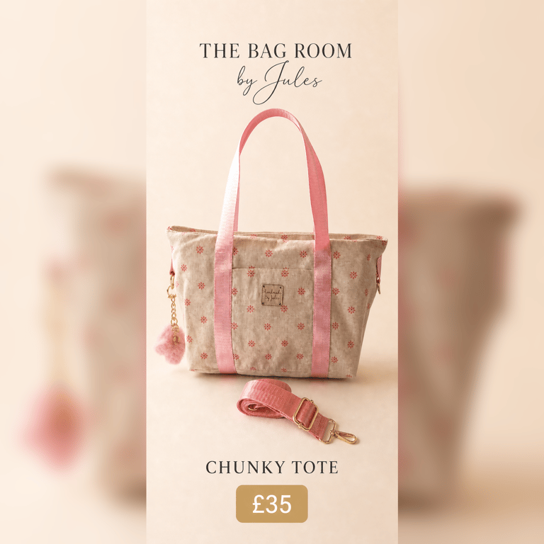 Chunky Tote Bag in Cream Canvas with Pink Flowers