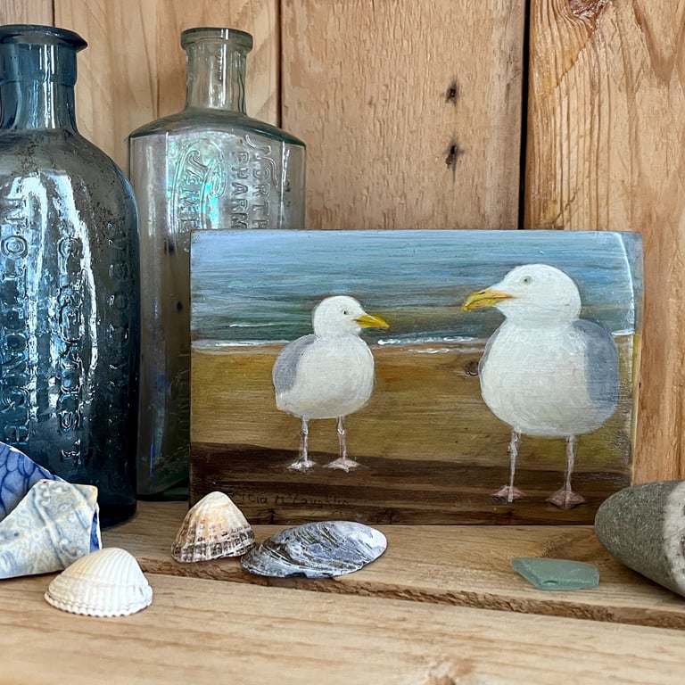 Original acrylic painting of 2 seagulls on reclaimed wood