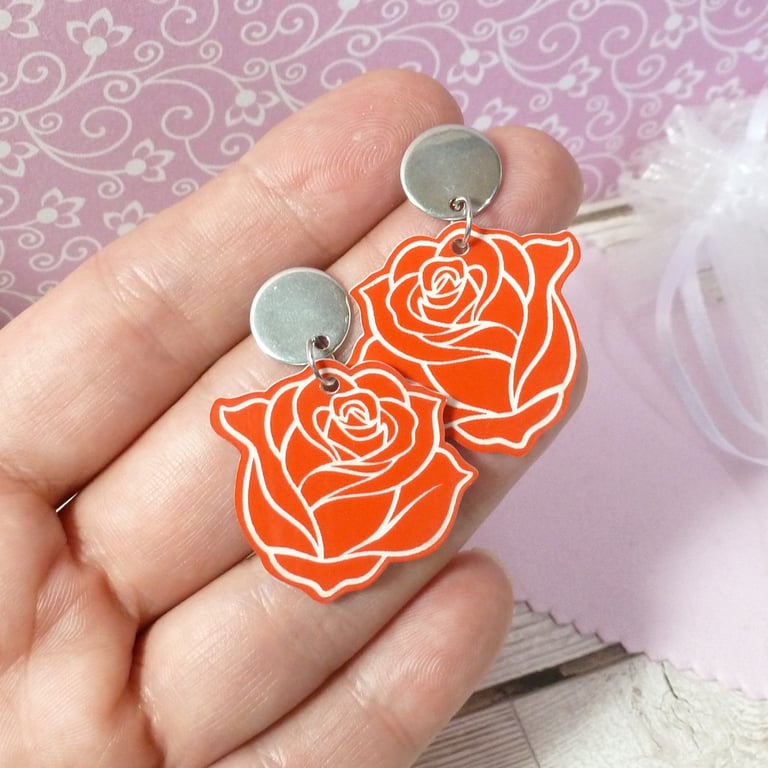 Red rose earrings, pair of laser engraved red dangle earrings on steel studs