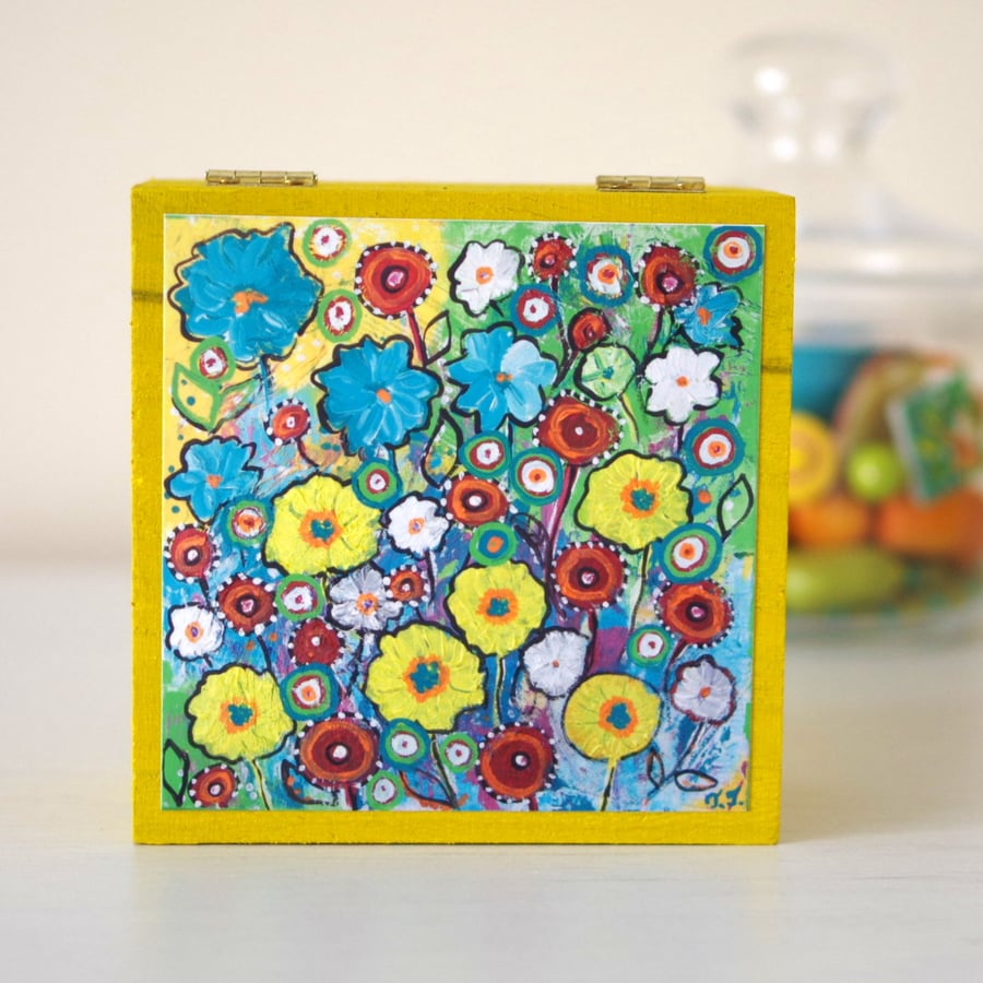 Yellow Trinket Box, Turquoise Flowers Jewellery Box, Floral Decorative Box