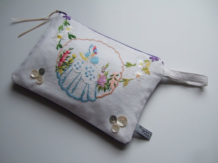 Crinoline lady vintage embroidery toiletries, make up bag or pouch.