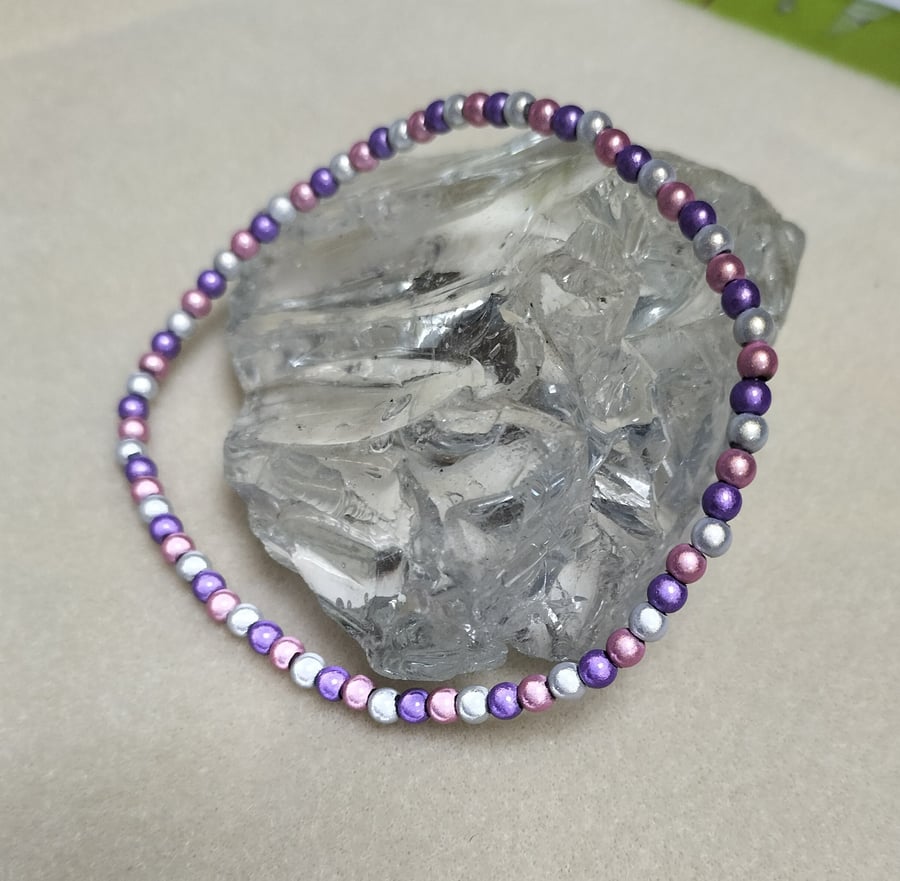AL121a Pink purple and silver miracle bead anklet, 9.5"