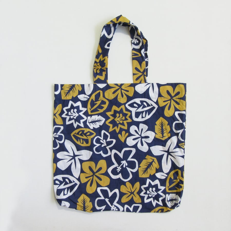 One-of-a-kind Quick Dry Fabric Beach Bag in Hawaiian Print. Blue, Yellow