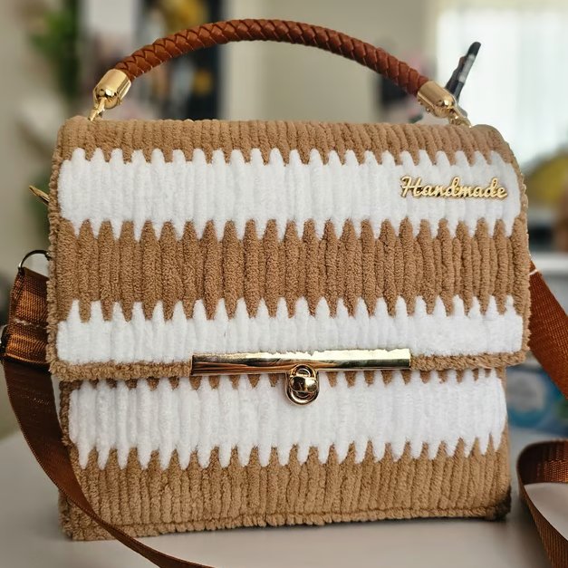Brown and White Mesh bag with interlock stripes and Crossbody strap