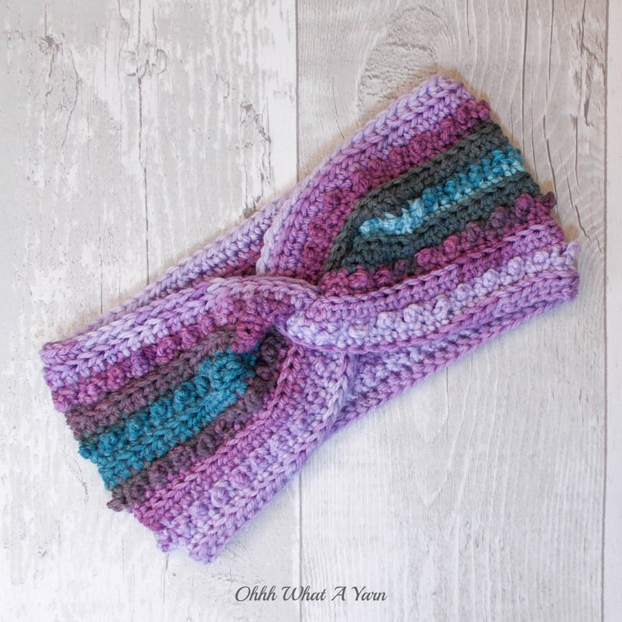Ladies purple, lilac, grey and blue twist ear warmer. Crochet ear warmer.