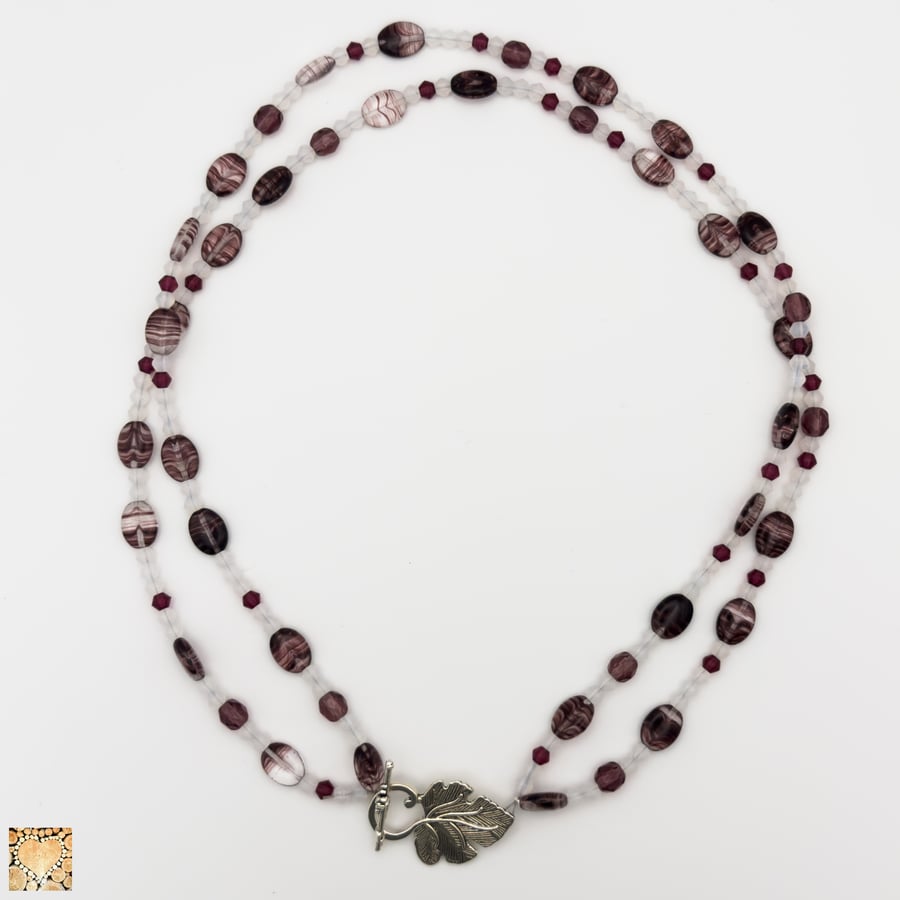 Necklace, Two Strand, Dark Mulberry and White, with Vine Leaf Toggle Clasp