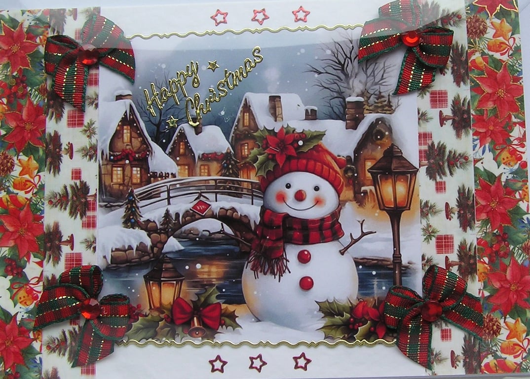 Hand Crafted Decoupage Chistmas Card - Happy Christmas (3393) Village Snowman