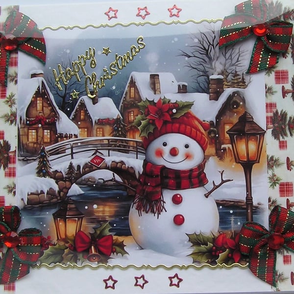 Hand Crafted Decoupage Chistmas Card - Happy Christmas (3393) Village Snowman